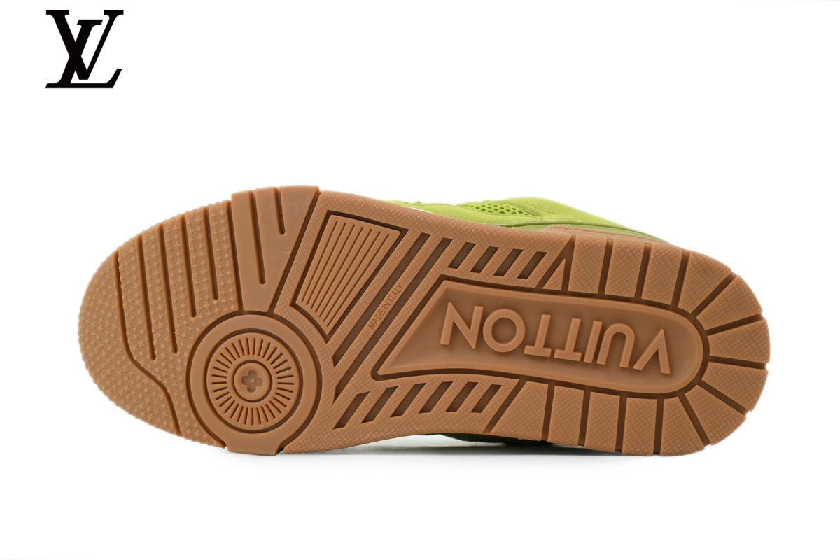 Louis Vuitton Trainer  shoes for man  women Sneaker ¨C Olive Green Suede & Mesh with Gum Sole