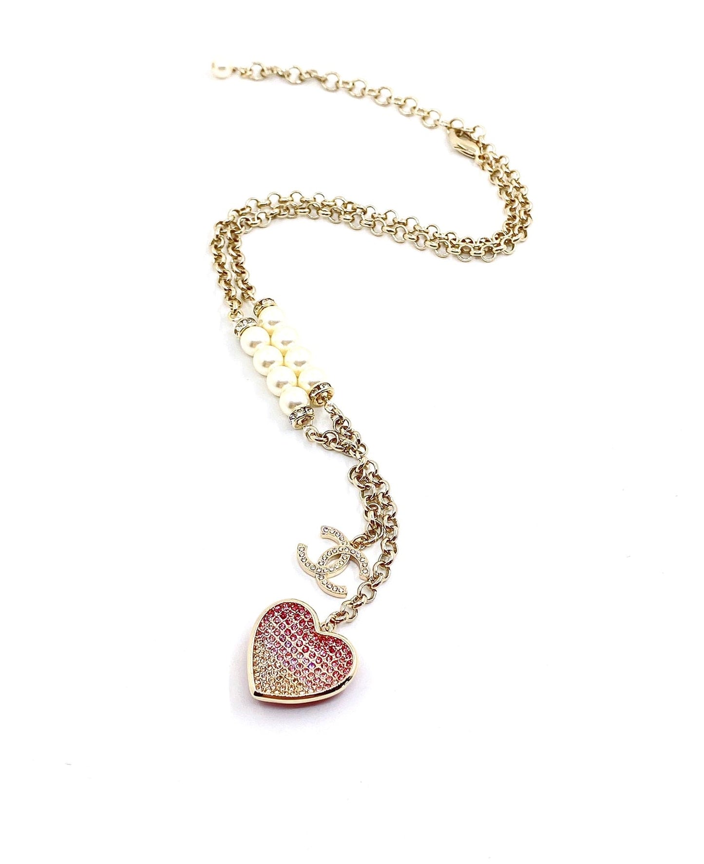 Chanel Pink Heart Diamonds 18K Gold Necklace