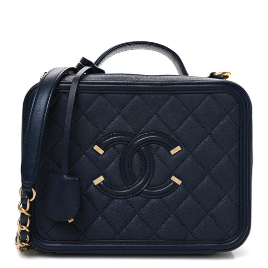Caviar Quilted Medium CC Filigree Vanity Case Navy
