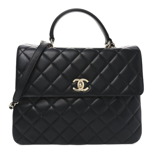 Lambskin Quilted Large Trendy CC Dual Handle Flap Bag Black