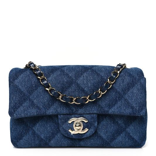 Printed Denim Quilted Mini Rectangular Flap Dark Blue