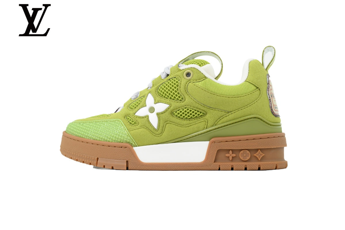 Louis Vuitton Trainer  shoes for man  women Sneaker ¨C Olive Green Suede & Mesh with Gum Sole