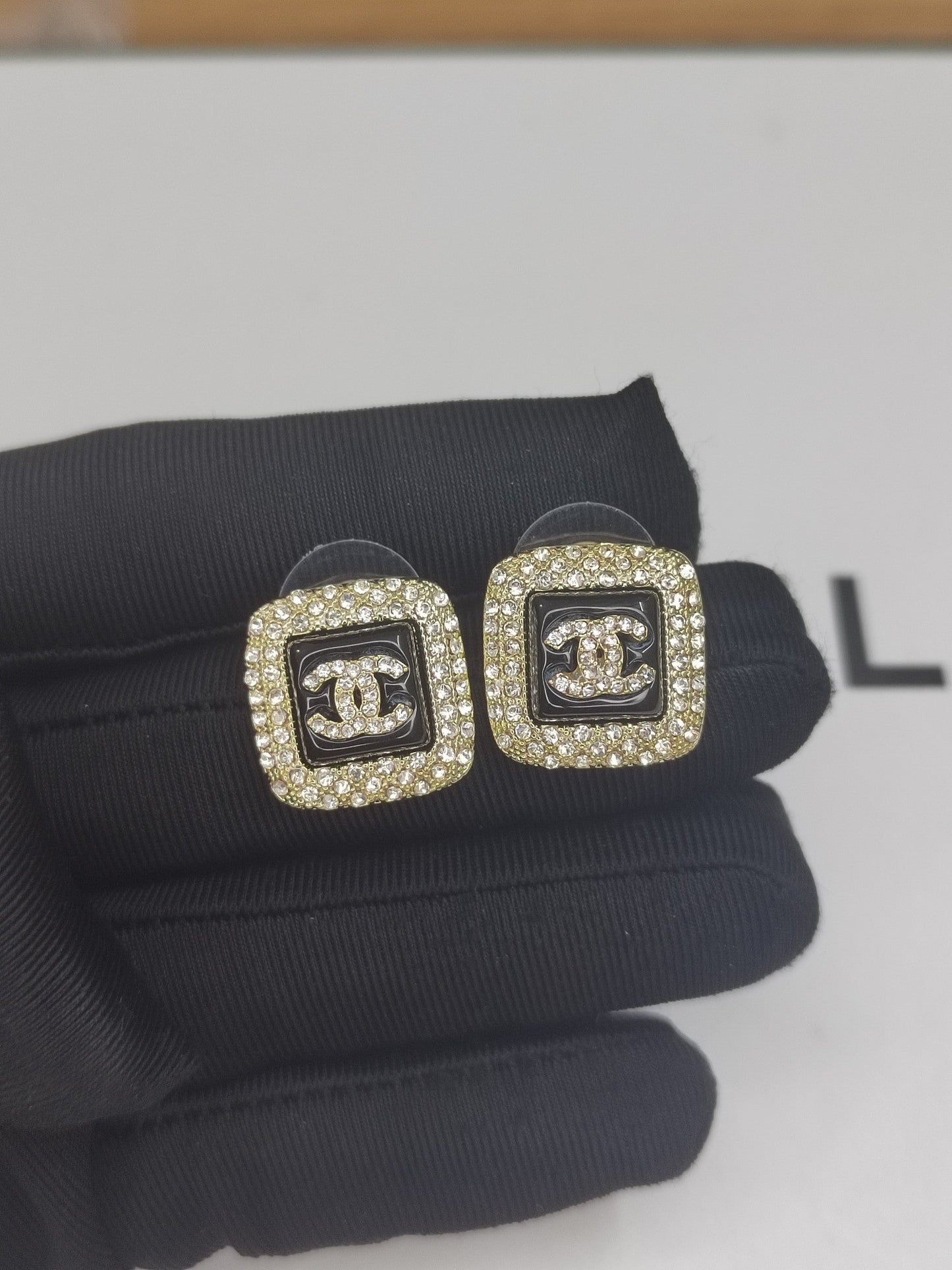 Chanel Diamond Square Black 18K Gold Earrings