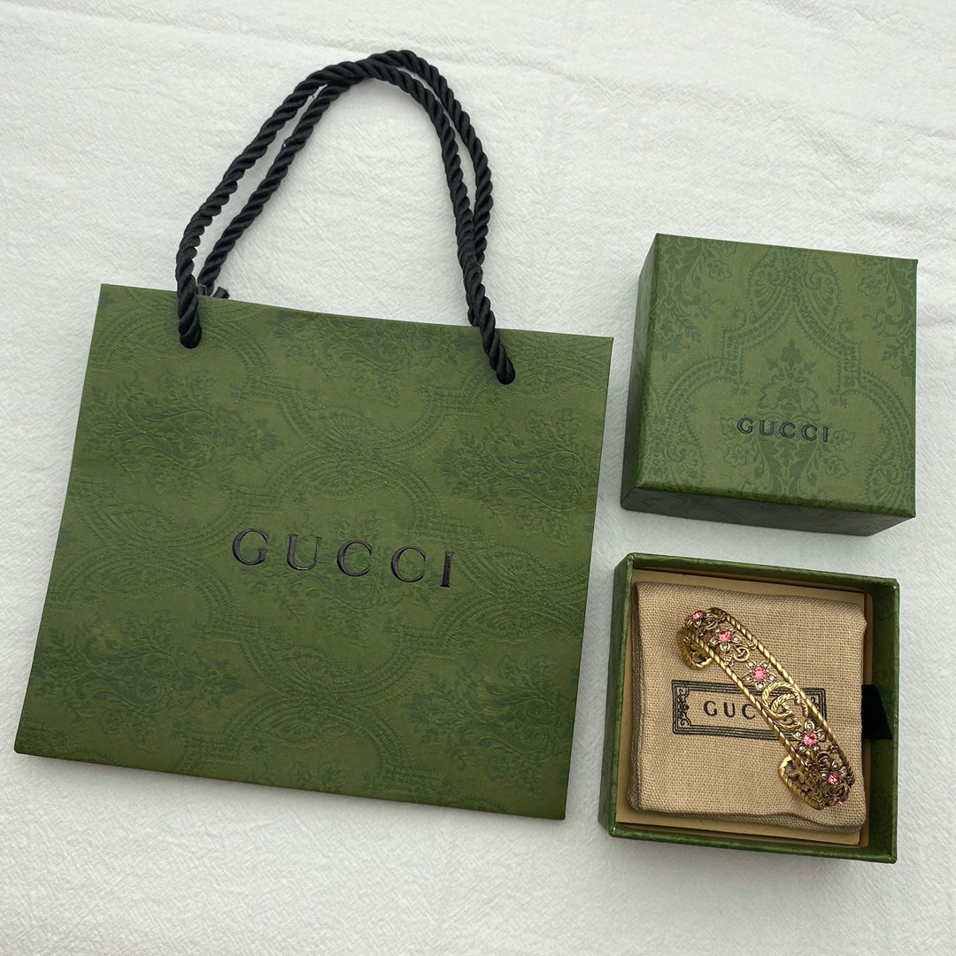 Gucci Double Red Crystal Flower Cuff 18K Gold Bracelet
