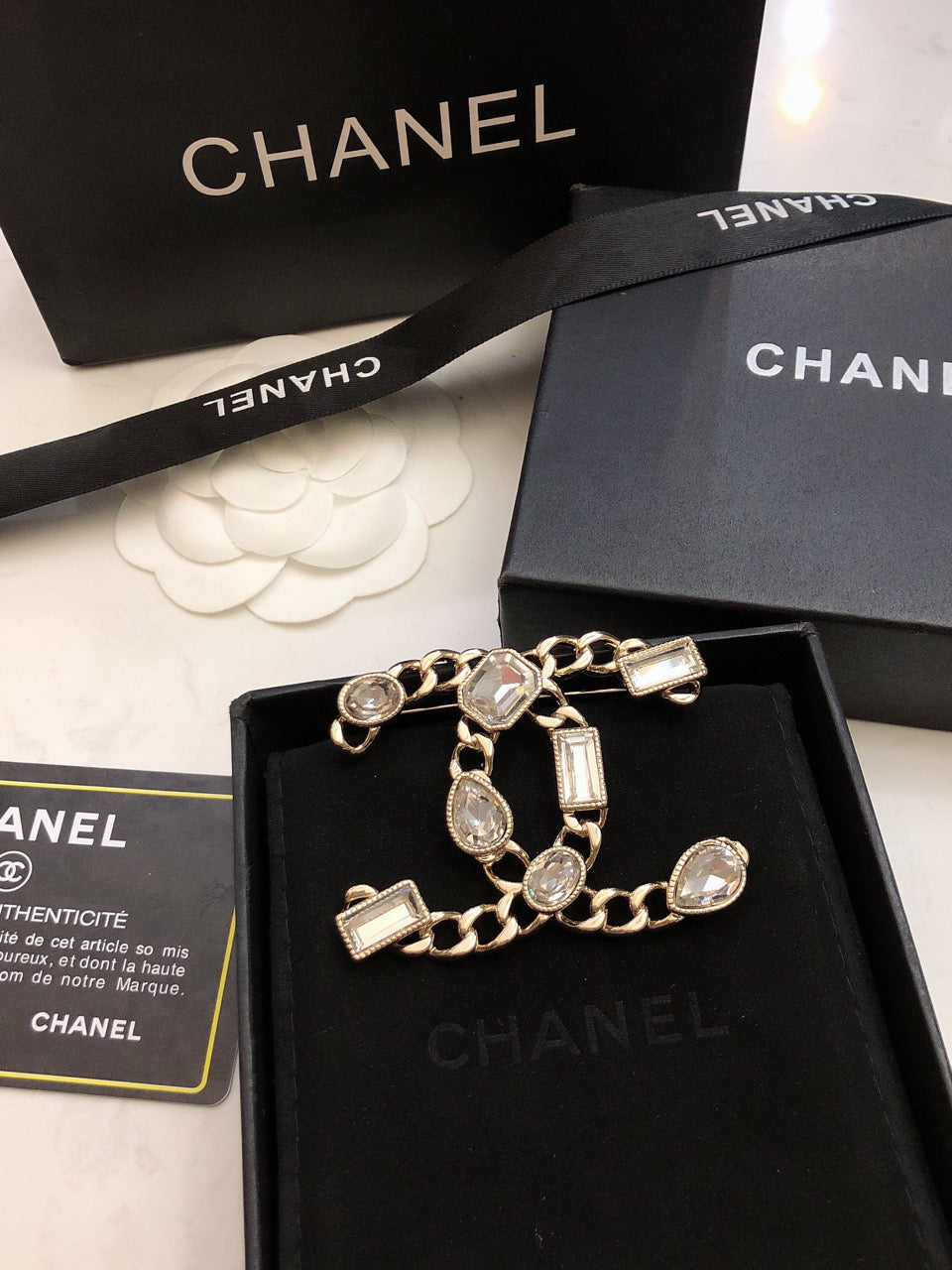 Chanel Crystals Strass 18K Gold Brooch