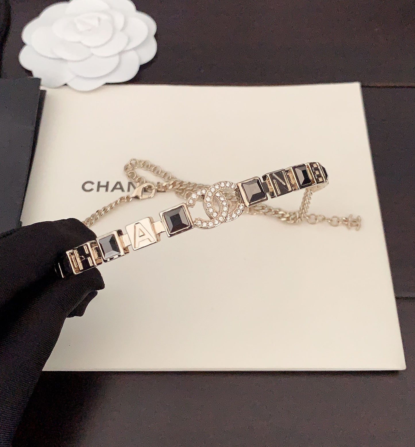 Chanel Gray Crystals 18K Gold Necklace