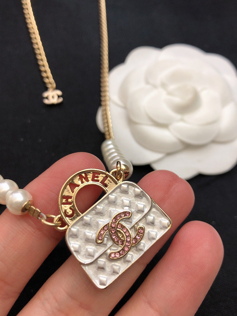 Chanel Pearls Bag Pendant 18K Gold Necklace
