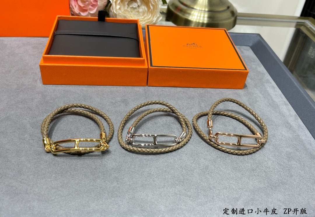 Hermes Roulis Double Tour Grey 18K Gold Bracelet