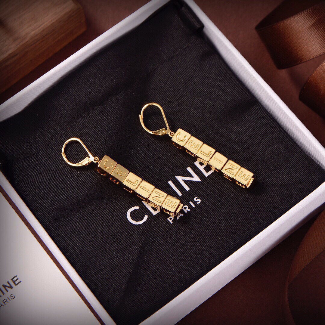 Celine Script Cube 18K Gold Earrings