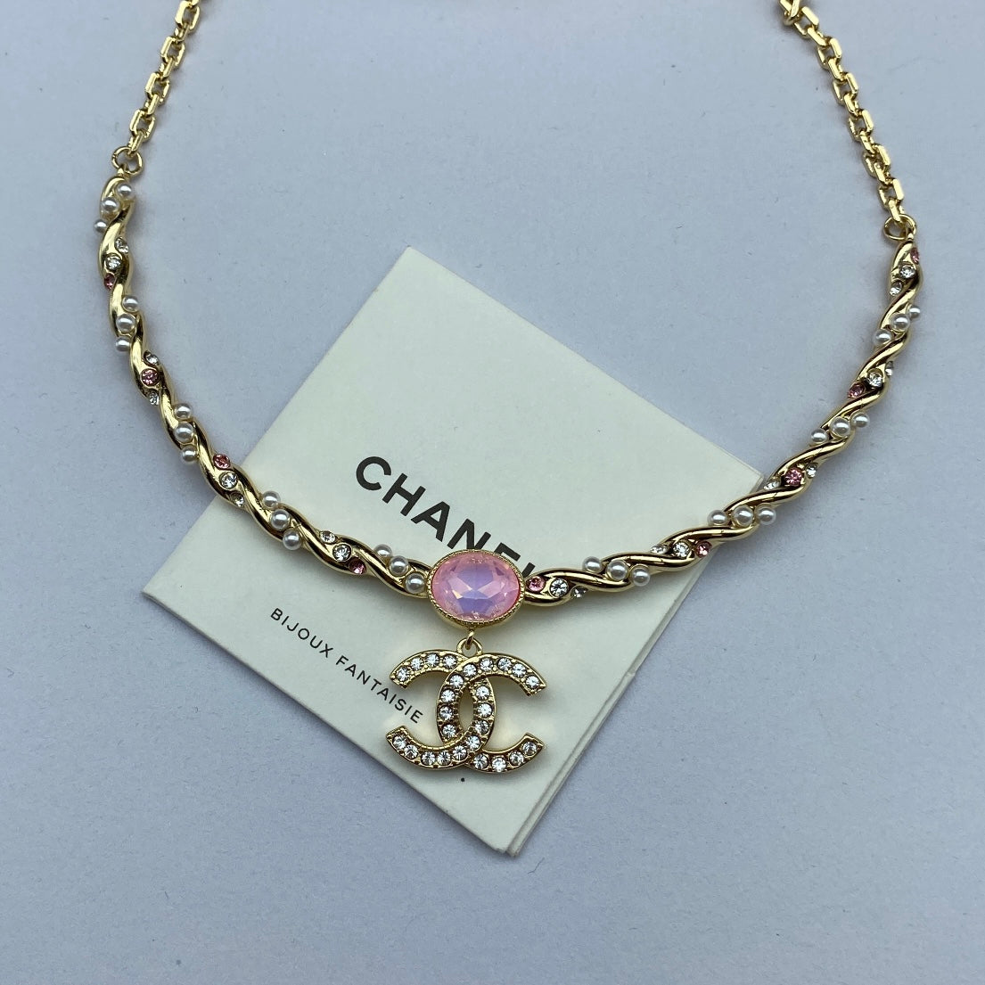 Chanel Pink Crystal 18K Gold Necklace