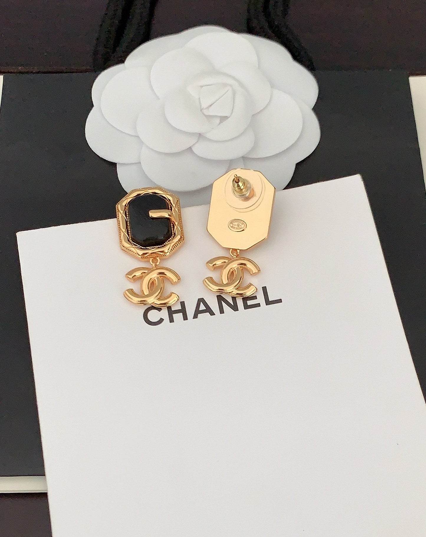 Chanel Pendant Leather 18K Gold Earrings