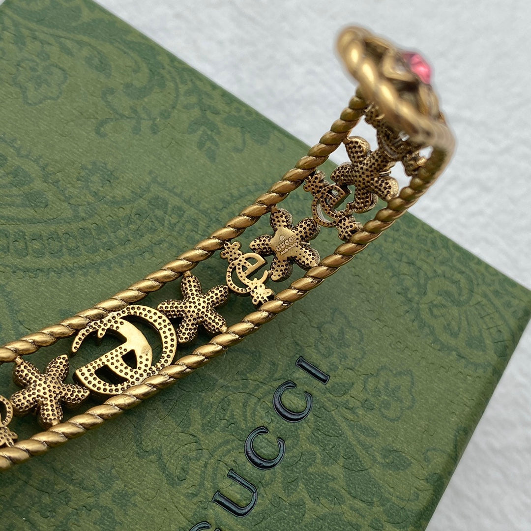 Gucci Double Red Crystal Flower Cuff 18K Gold Bracelet