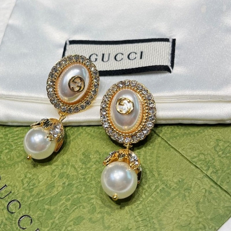 Gucci Double Flower Pearl 18K Gold Earrings